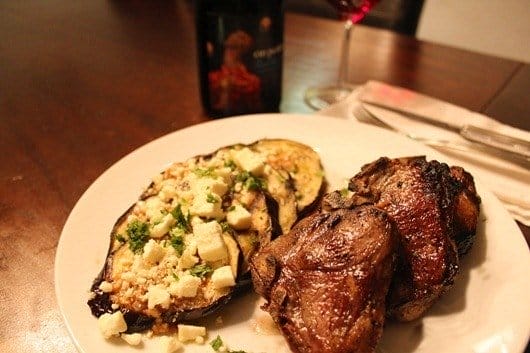 Grilled Eggplant with Garlic-Cumin Vinaigrette, Feta & Herbs Paired with On Point “Christinna’s Cuvee” Pinot Noir, California.